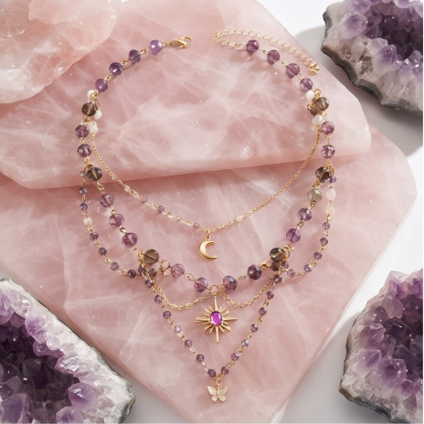 Amethyst Butterfly Celestial Layered Charm Necklace