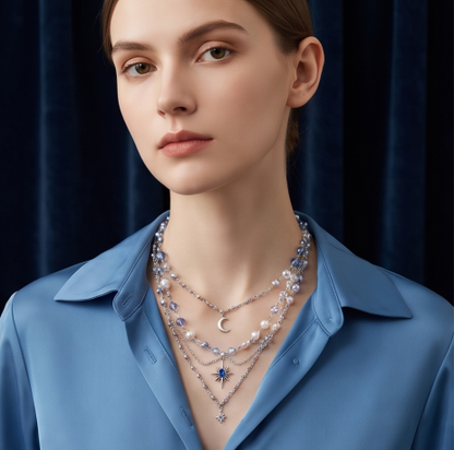 Celestial Ocean Blue Layered Charm Necklace