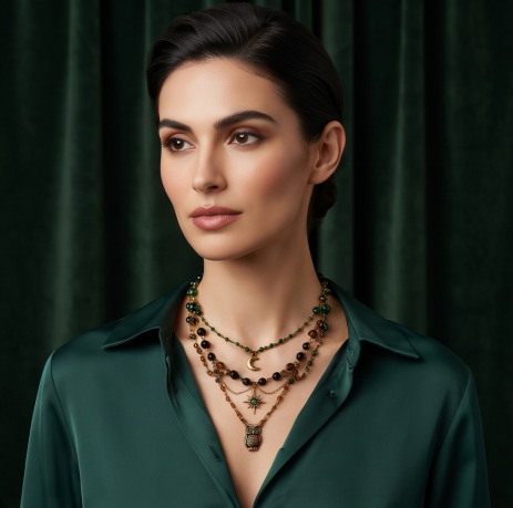 Emerald Forest Owl Layered Bohemian Charm Necklace