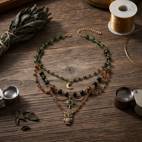 Emerald Forest Owl Layered Bohemian Charm Necklace