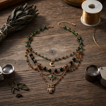 Emerald Forest Owl Layered Bohemian Charm Necklace