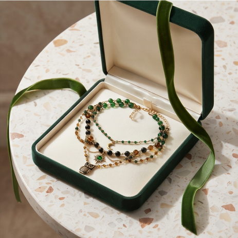 Emerald Forest Owl Layered Bohemian Charm Necklace