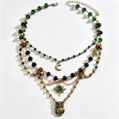 Emerald Forest Owl Layered Bohemian Charm Necklace