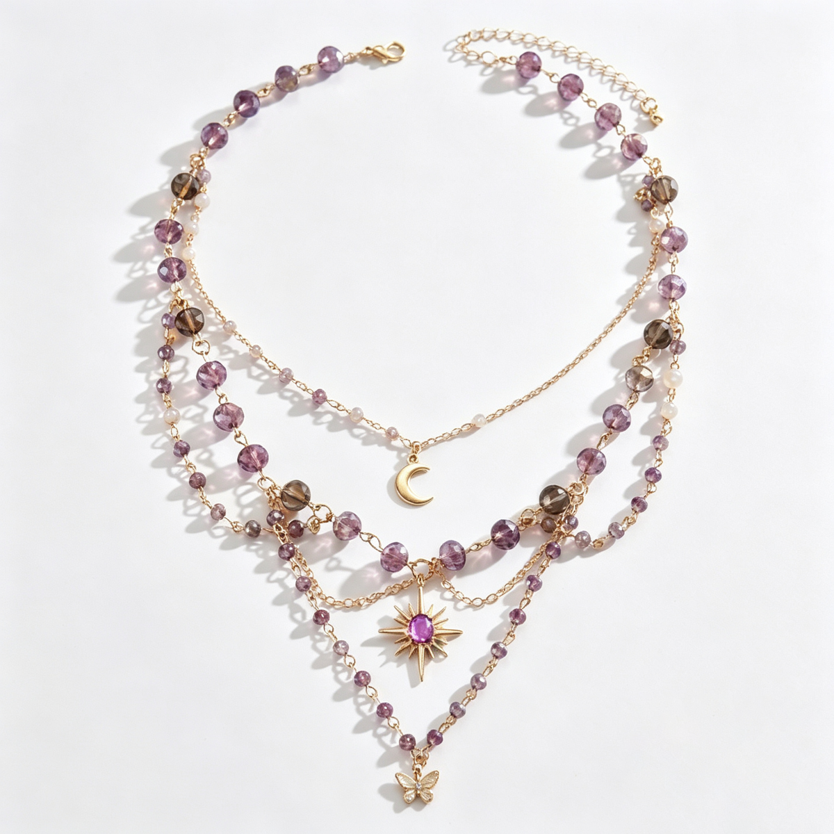 Amethyst Butterfly Celestial Layered Charm Necklace
