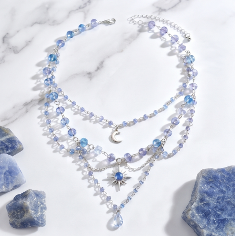 Blue Moon Crystal Layered Celestial Charm Necklace
