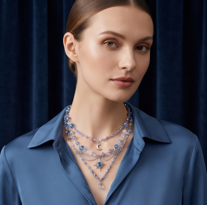 Blue Moon Crystal Layered Celestial Charm Necklace