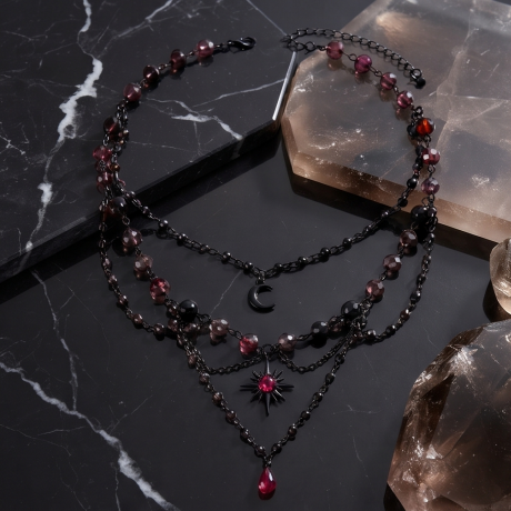 Dark Celestial Layered Garnet Charm Necklace