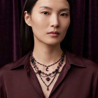 Dark Celestial Layered Garnet Charm Necklace