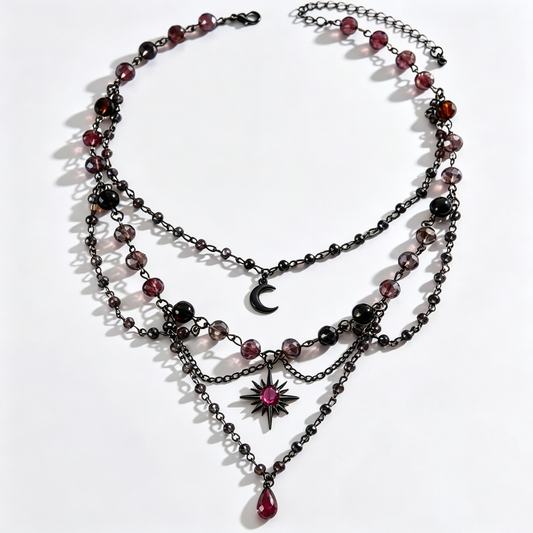 Dark Celestial Layered Garnet Charm Necklace