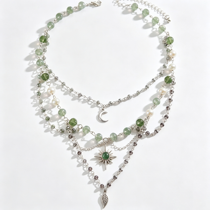 Forest Moon Crystal Layered Charm Necklace