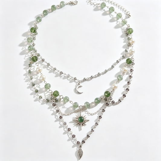 Forest Moon Crystal Layered Charm Necklace