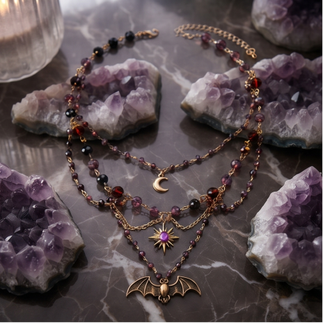 Midnight Bat Celestial Crystal Layered Charm Necklace