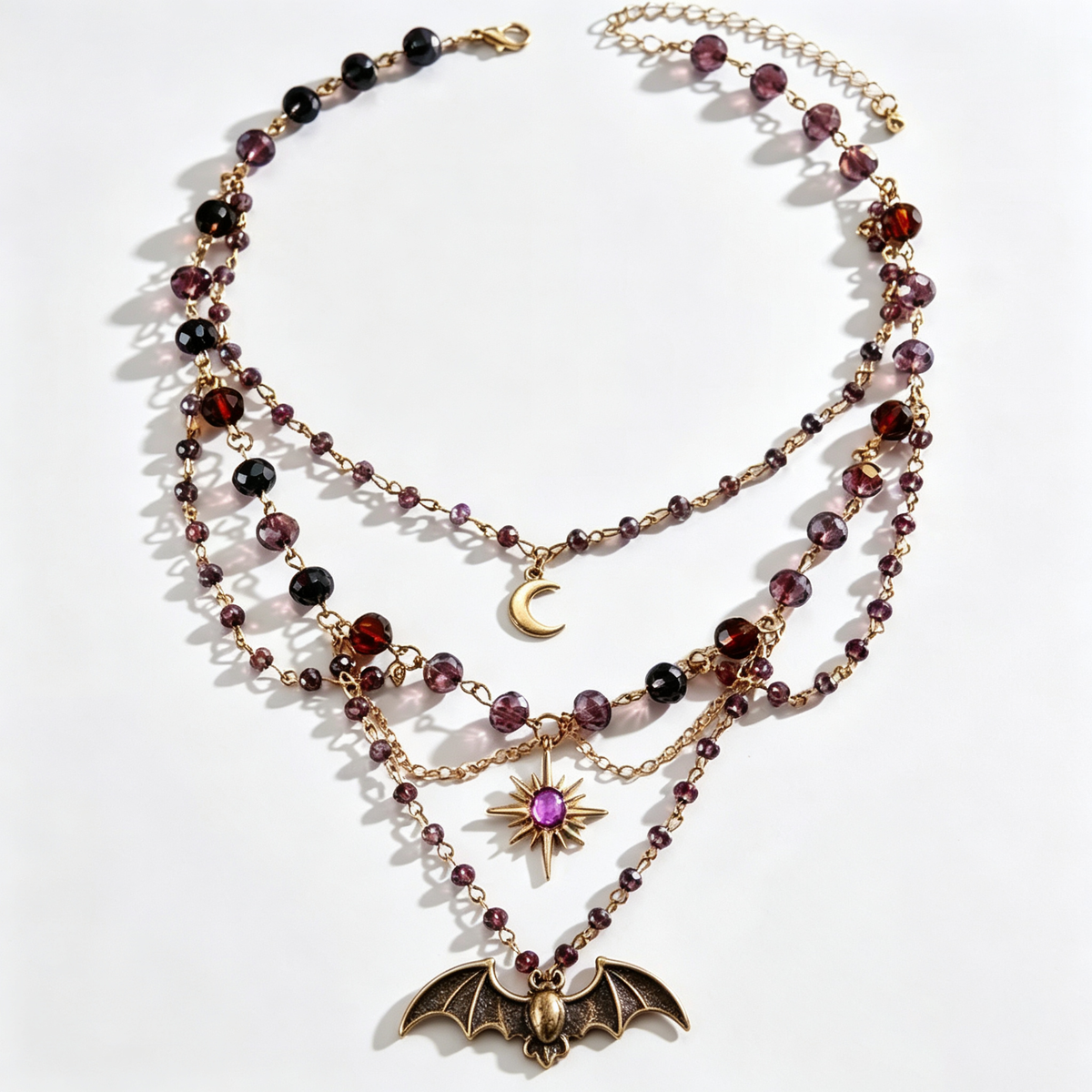 Midnight Bat Celestial Crystal Layered Charm Necklace