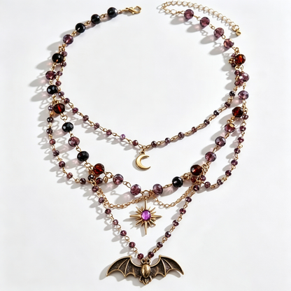 Midnight Bat Celestial Crystal Layered Charm Necklace