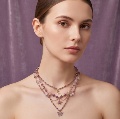 Lavender Butterfly Celestial Crystal Layered Charm Necklace
