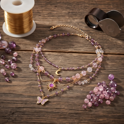 Lavender Butterfly Celestial Crystal Layered Charm Necklace
