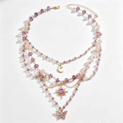 Lavender Butterfly Celestial Crystal Layered Charm Necklace