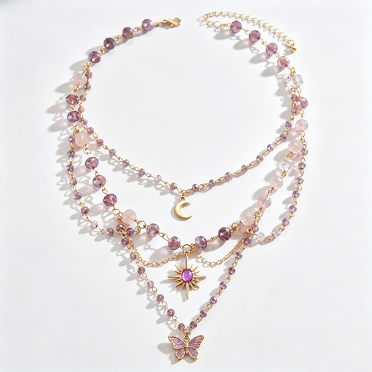 Lavender Butterfly Celestial Crystal Layered Charm Necklace